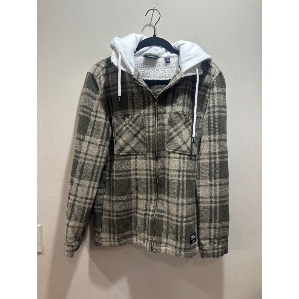 WESC Liam Hoodie Unisex Plaid Shirt Jacket Green Sherpa Lined Full Zip Mens M